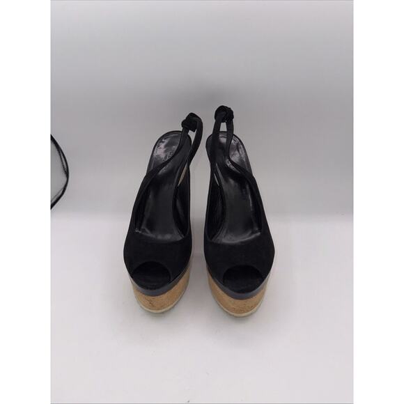 GUCCI READ **Black Suede SlingBack Cork Tattoo Wedge Platform Heel Sandals Sz 8 - Picture 11 of 14